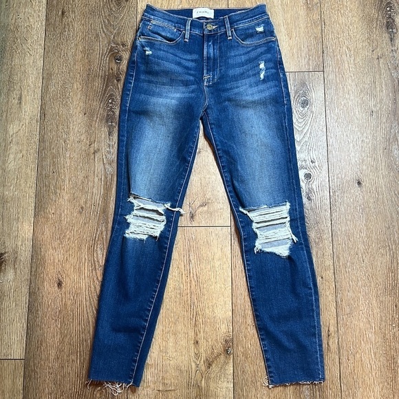 FRAME Ripped High Waist Raw Hem Skinny Crop Jeans in Gaby Wash Size 25 - Picture 3 of 10